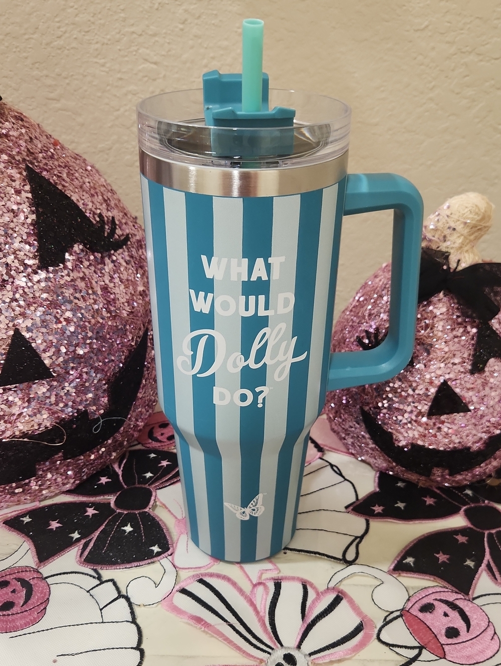 What Would Dolly Do? Blue Striped Travel Tumbler with Handle Dolly Parton